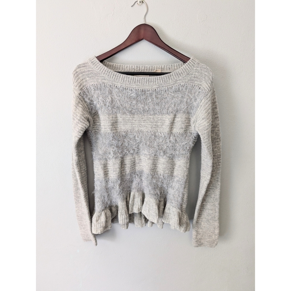 Anthropologie Sleeping On Snow Light Gray Knit Fluffy Pullover Sweater Ruffles